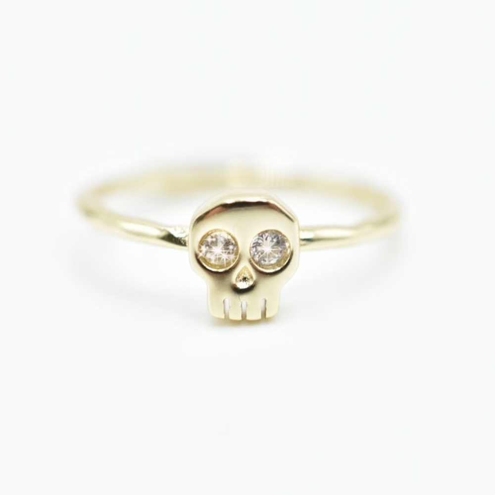 14k Gold Filled Vermeil Crystal Hollywood Forever Skull Ring - Picture 3 of 17